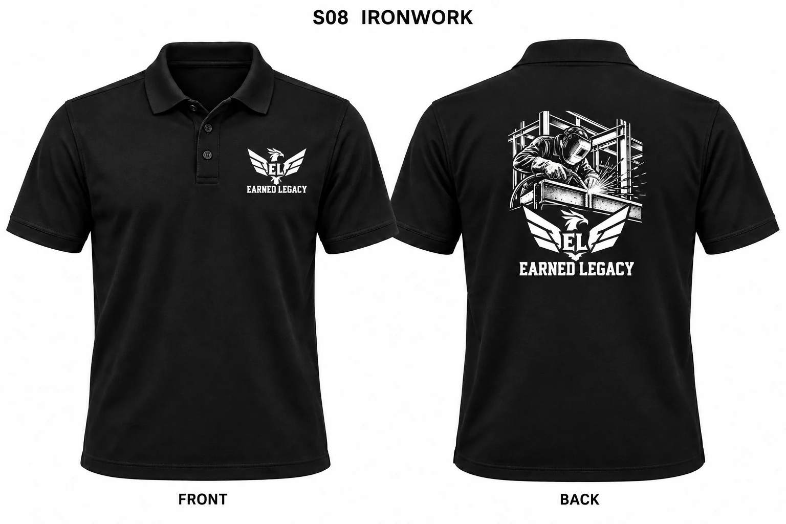 Legacy Work Polo: complete front and back design preview